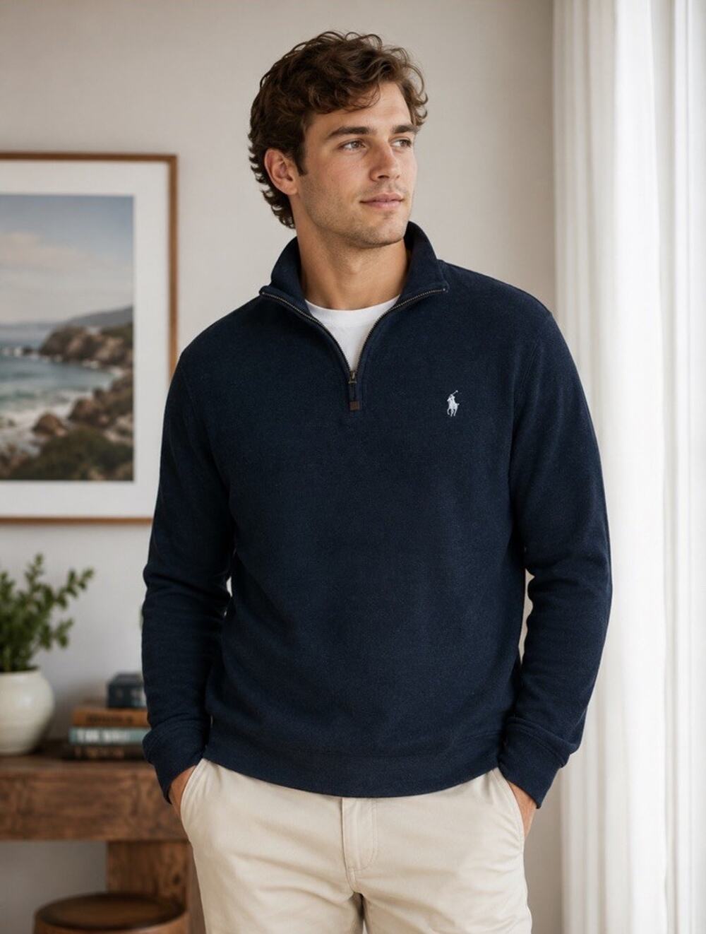 Polo Ralph Lauren Men's Quarter Zip Sweater Size L Gray Preppy 100% Cotton